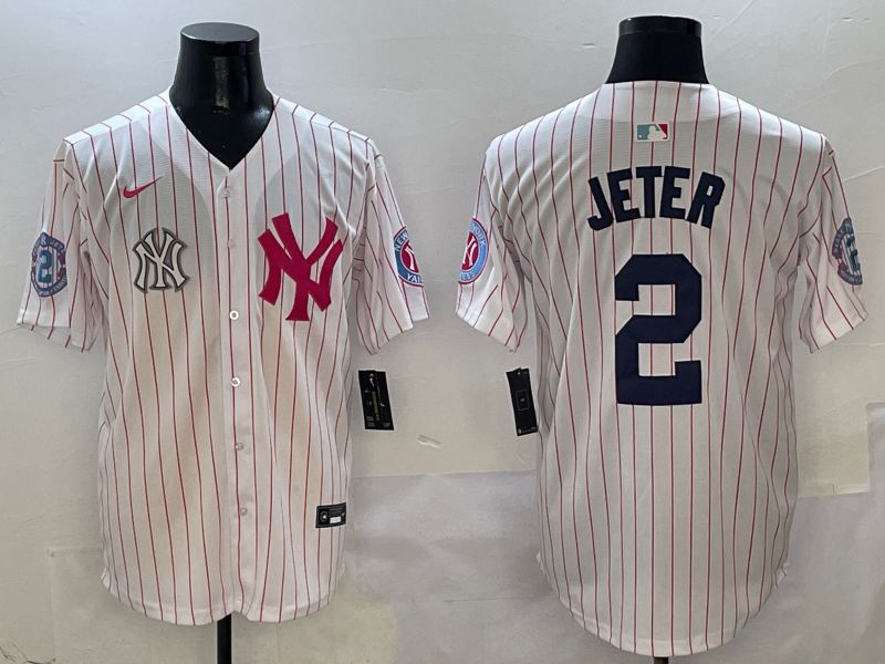 Men New York Yankees 2 Jeter White Stripe Jointly Name Nike 2025 MLB Jersey style 8